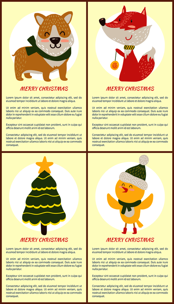 Merry Christmas greeting cards with yellow chicken in scarf, dog and fox and evergreen fir decorated tree icons isolated on white vector postcards. Merry Christmas Greeting Card Chicken Dog Fox Tree