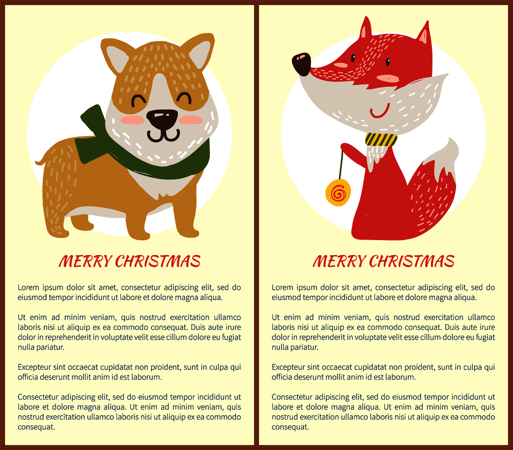 Merry Christmas banner congratulation from pets dressed in bright knitted clothes. Vector illustration with happy dog and fox posters with text. Merry Christmas Banner Congratulation from Dog Fox