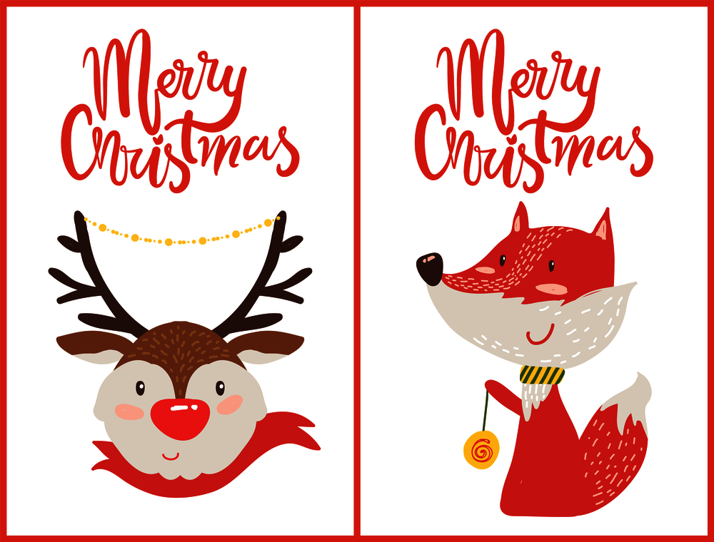 Merry Christmas set of two postcards with deer dressed in red woolen scarf and fox with decor ball in paw. Vector illustration xmas symbols posters. Merry Christmas Color Set Postcards Deer and Fox