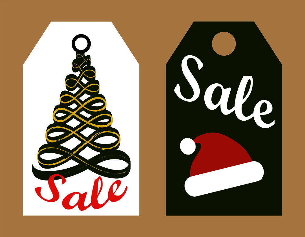 Sale promo tags ready to use stickers vector illustrations in shopping concept. Labels with Christmas tree and red Santa hat promotional advertisement. Sale Promo Tags Ready to Use Stickers Vector Icons