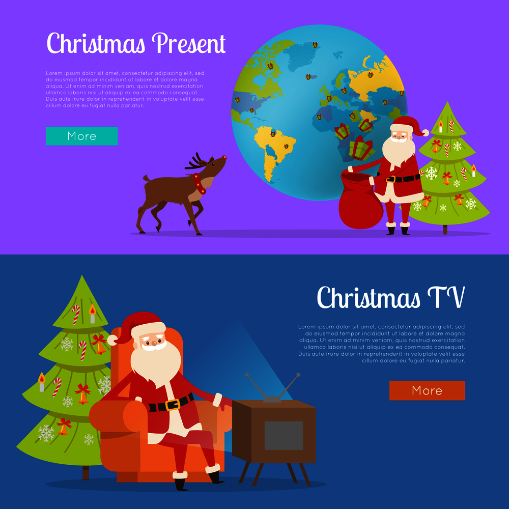 Christmas present and TV programme with Santa Claus on purple and blue background. Man with reindeer send gifts all around world. Vector illustration of Santa watching interesting holiday show.. Christmas Present and TV Programme with Santa