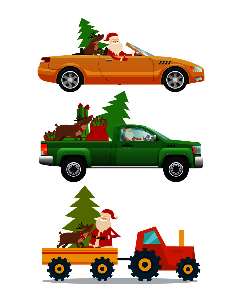Santa Claus, big reindeer, green fir tree, red big bag in different kinds of modern transport. Man drives steep green pick-up truck and yellow car. Vector illustration of current vehicle types. Santa Claus in Different Kinds of Modern Transport