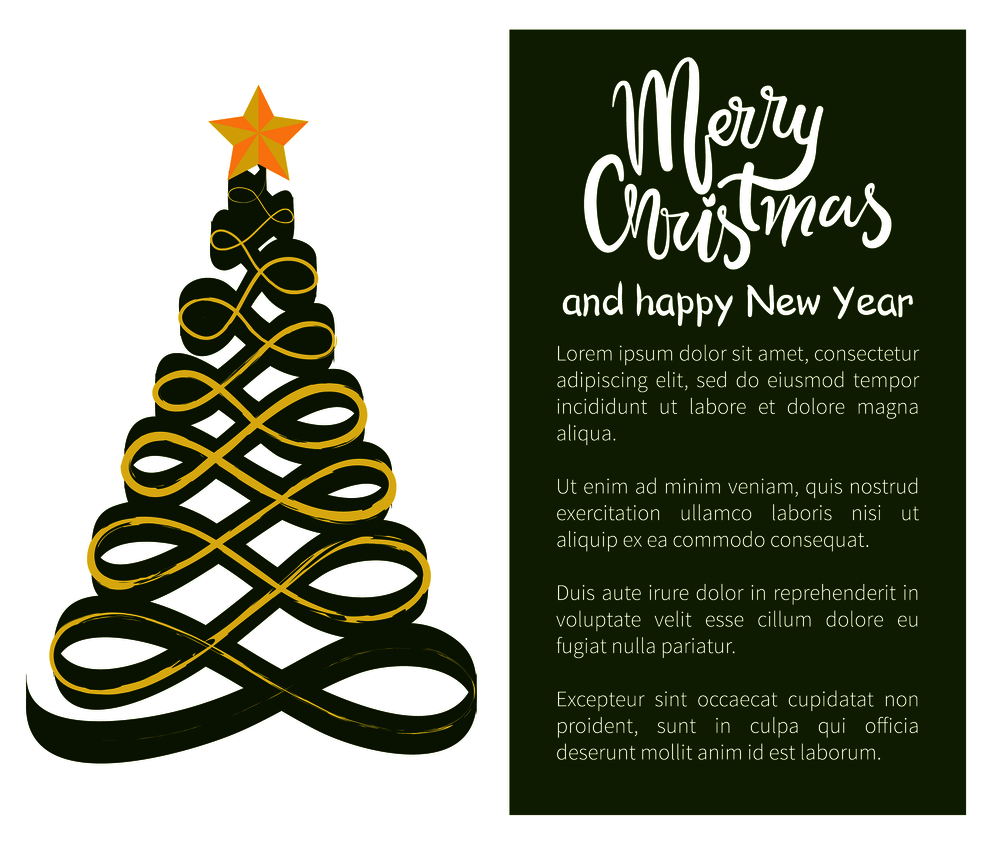 Merry Christmas Happy New Year poster with tree made of wavy abstract lines, topped by golden star vector illustration web banner with place for text. Merry Christmas and Happy New Year Poster Tree