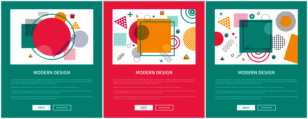 Modern design, internet pages collection with images of squares and lines, headlines and text, buttons with text vector illustration posters set. Modern Design Internet Pages Vector Illustration