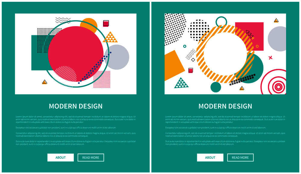 Modern design, pages set with abstract minimalistic images, given information and buttons that says about and read more on vector illustration. Modern Design Pages Set on Vector Illustration