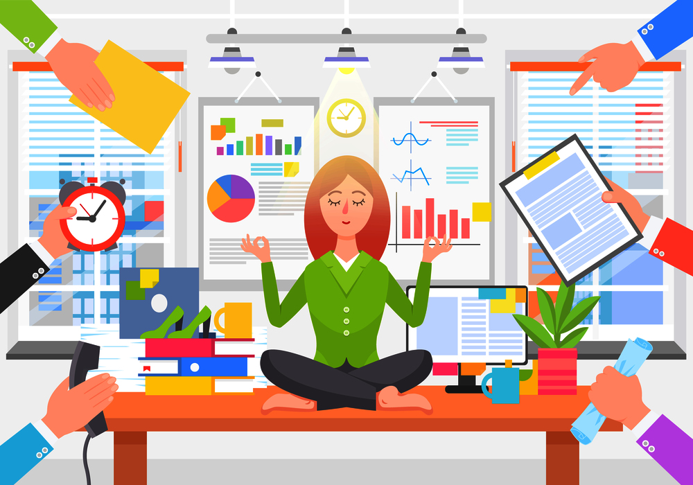 Business poster with woman in process of relaxation, sitting on table in office while others want her to do job, calm person on vector illustration. Business Poster with Woman on Vector Illustration