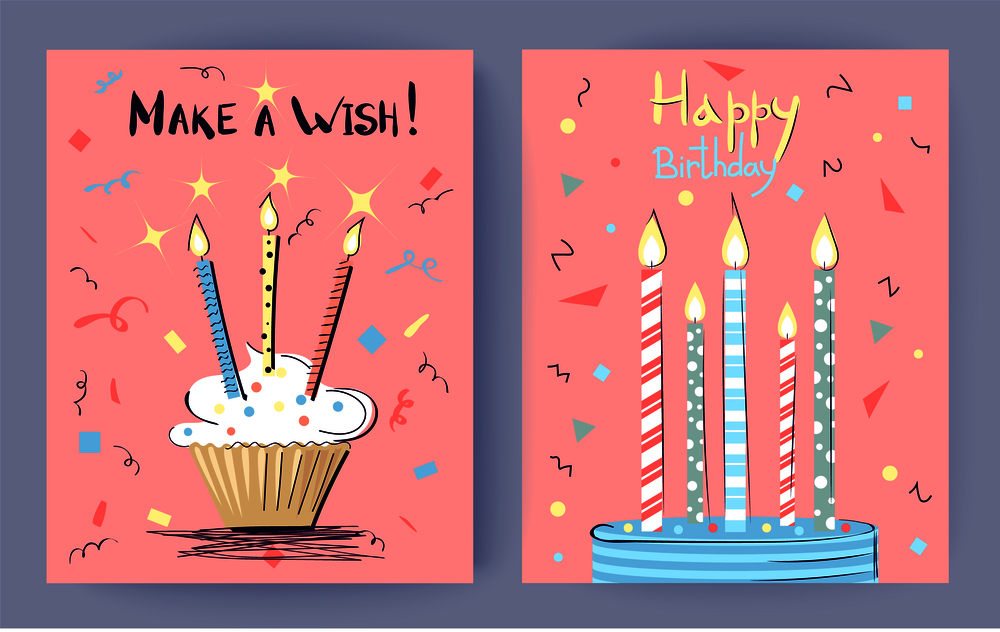 Make a wish Happy Birthday congratulation on pink background. Vector illustration with cakes decorated with beautiful illuminating candles. Make a Wish Happy Birthday Vector Illustration