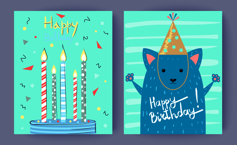 Happy Birthday set of posters with candles in cake and blue fox in festive cap. Vector illustration with congratulations decorated with colorful confetti. Happy Birthday Set of Posters Vector Illustration