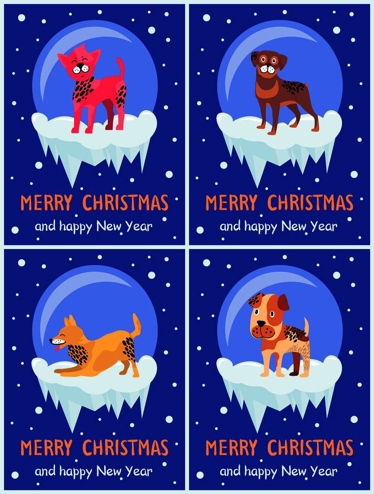 Merry Christmas and Happy New Year festive posters with dogs inside glass bubbles with bottom covered with ice cartoon vector illustrations collection. Merry Christmas and Happy New Year Festive Posters