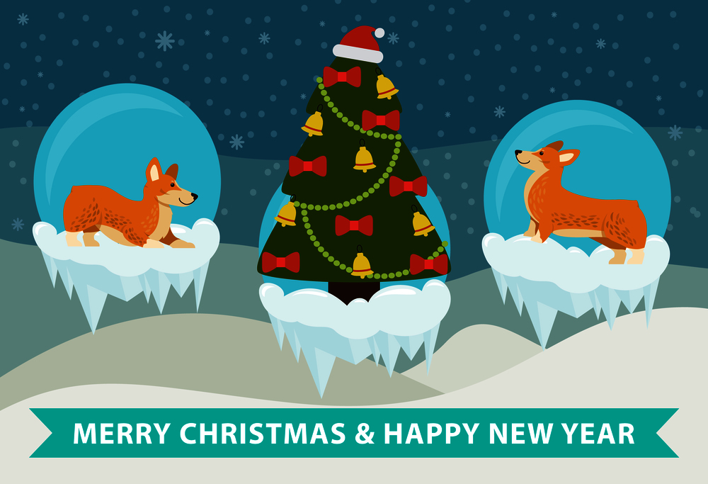 Merry Christmas and happy New Year corgi congrats on snowy background. Vector illustration with decorated xmas tree surrounded by two happy cute dogs. Merry Christmas and Happy New Year Corgi Congrats