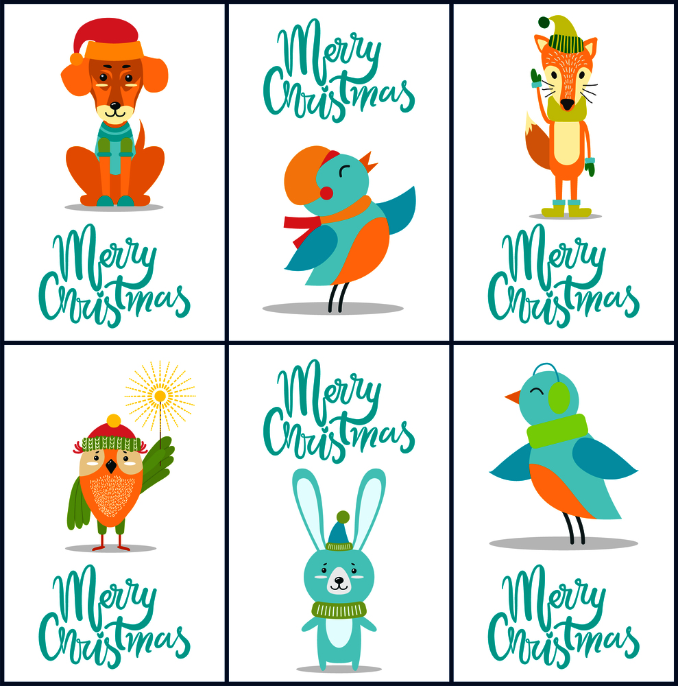 Merry Christmas set of bright festive postcards with friendly animals on white background. Vector illustration with congratulations from wild birds and dog. Merry Christmas Set of Bright Festive Postcards