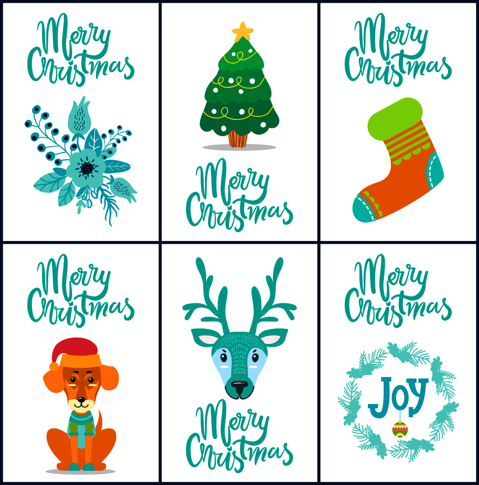 Merry Christmas, collection that is made up of flower and decorated tree, sock and dog with hat, reindeer and sticker with title vector illustration. Merry Christmas Flower, Tree Vector Illustration