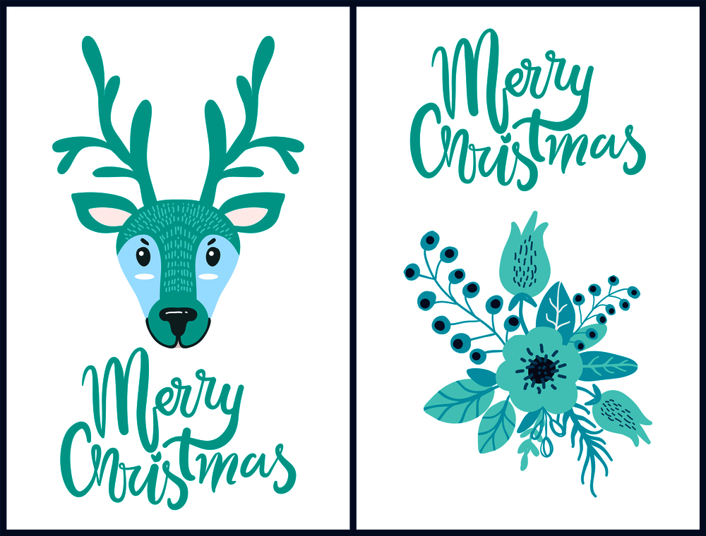 Merry Christmas, collection of banners with reindeer of blue color with horns, flower composition, images and decorated headlines vector illustration. Merry Christmas Deer, Flower Vector Illustration
