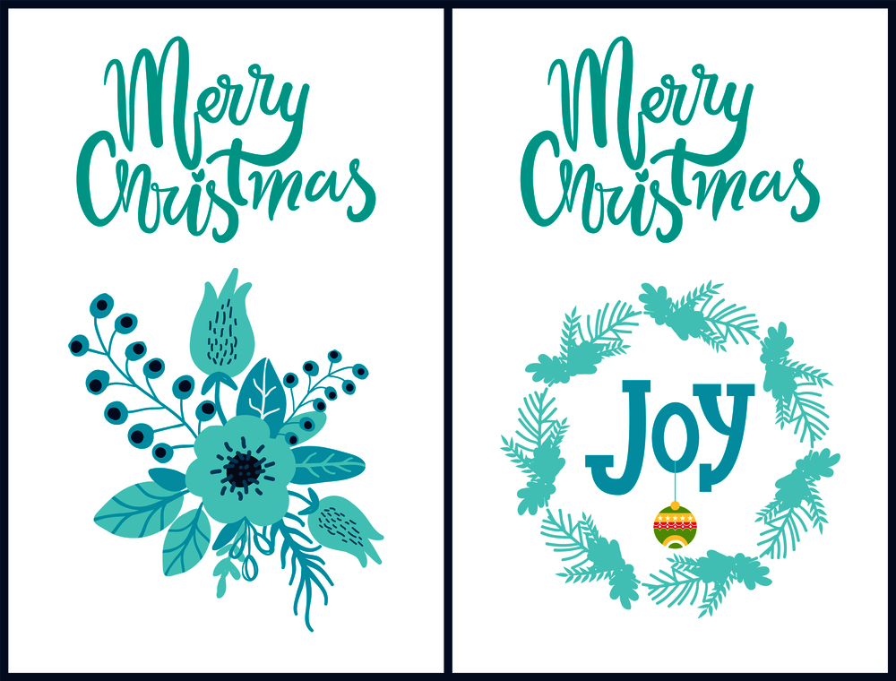 Merry Christmas, set of stickers that are made up of flourishing ice flower with leaves, wreath and title inside of it, ball on vector illustration. Merry Christmas Stickers Set Vector Illustration