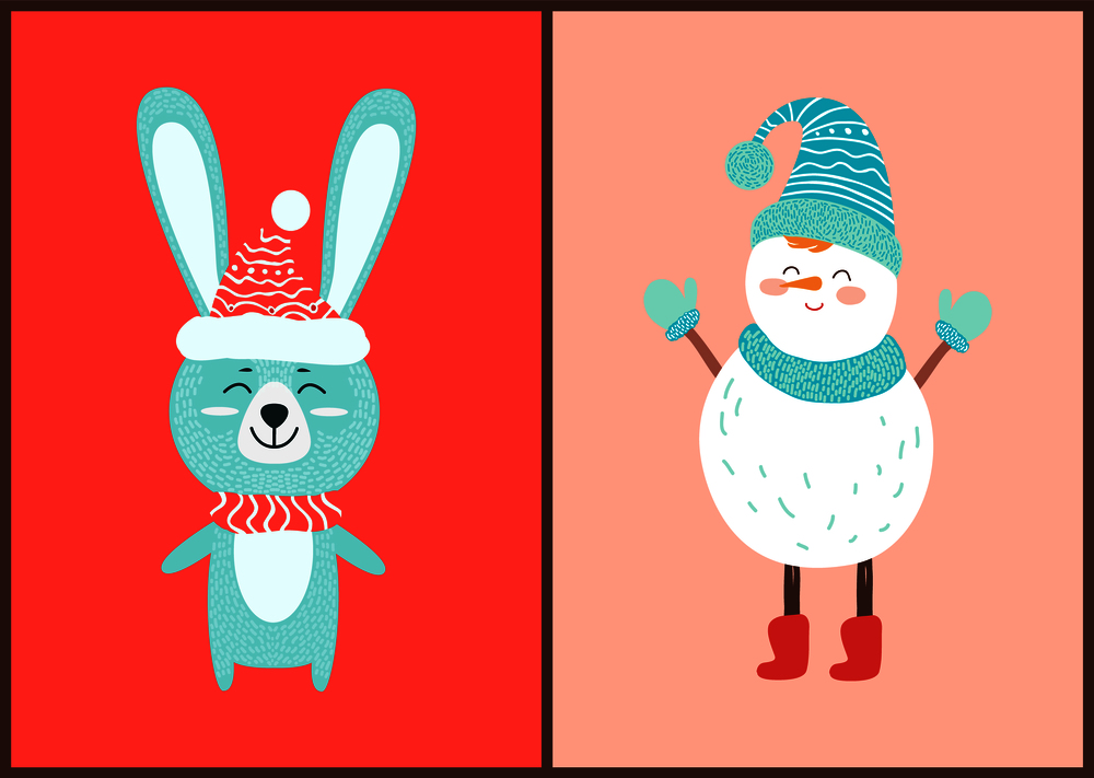 Happy hare and white snowman icons isolated on red background. Vector illustration with winter symbol and wild animal dressed in warm knitted clothes. Happy Hare and White Snowman Vector Illustration