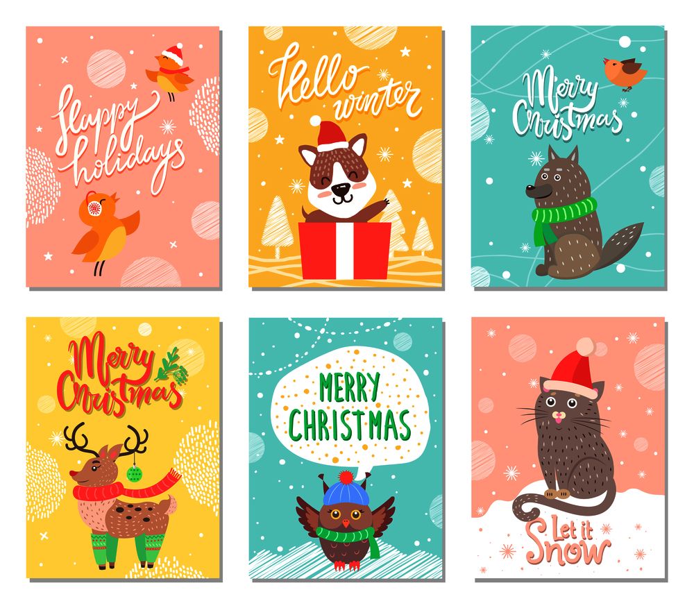 Hello winter, merry Christmas and let it snow, cards with images of birds and reindeer, owl and cat, wolf and dog sitting in box vector illustration. Hello Winter Merry Christmas Vector Illustration