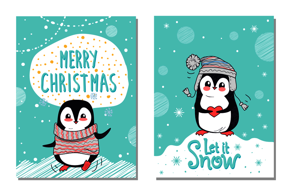 Merry Christmas let it snow greeting cards with penguins in warm hat and sweater on winter landscape background, cute polar bird in headwear vector. Merry Christmas Let Snow Greeting Cards Penguins