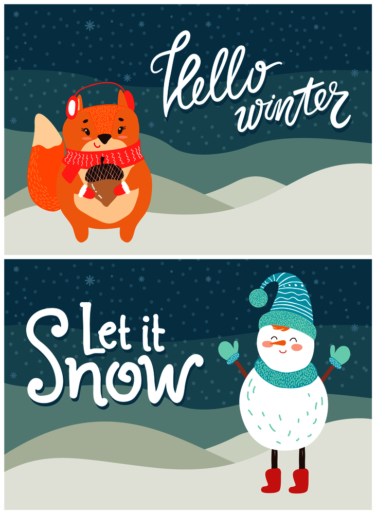Hello winter let it snow postcards with smiling snowman in blue knitted scarf, hat and mittens and squirrel with acorn vector greetings posters. Hello Winter Let it Snow Postcard Snowman Squirrel