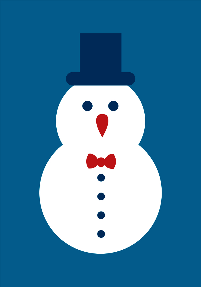 Snowman icon in cylindrical hat with bow and buttons decor vector illustration cartoon character isolated on blue background. Funny Christmas snowy man. Snowman Icon Cylindrical Hat with Bow and Buttons
