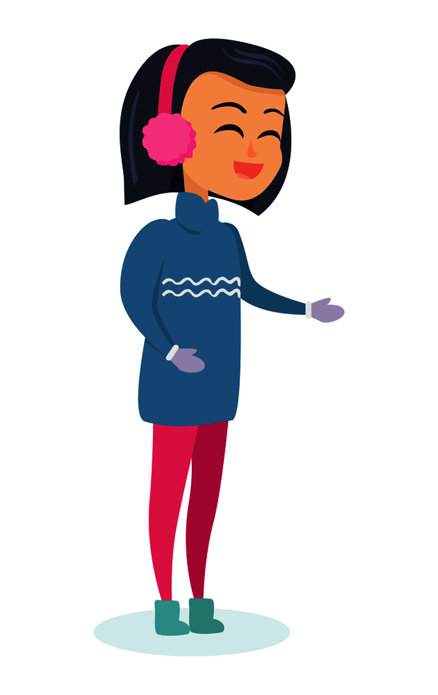 Isolated girl with black hair in warm blue sweater, light mittens, greenish winter shoes and pink trousers on white. Vector illustration of smiling female person spends winter holidays outside.. Isolated Smiling Girl with Closed Eyes on White