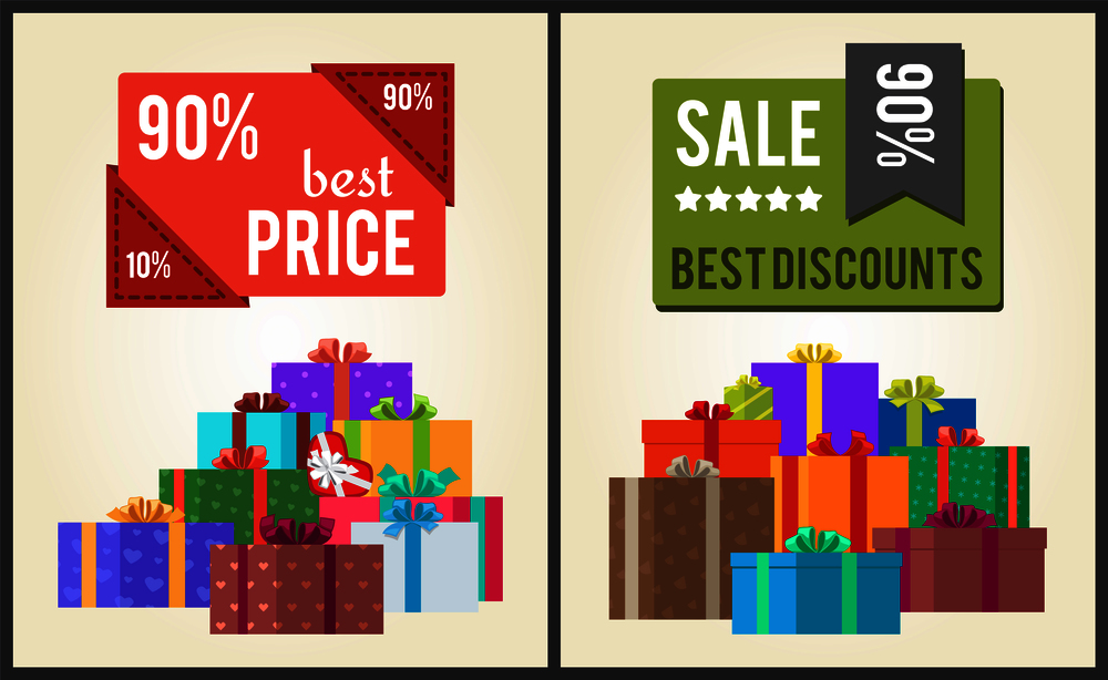 90% best price sale discounts square labels with stickers vector promo posters with heaps of present gift boxes with decorative bows isolated on white. 90% Best Price Sale Discounts Labels with Stickers