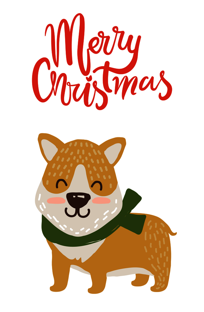 Merry Christmas poster congratulation from dog dressed in green knitted scarf isolated on white background. Vector illustration with happy animal. Merry Christmas Poster Congratulation from Dog