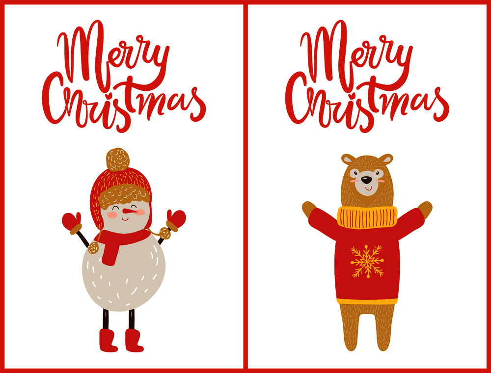 Merry Christmas, snowman with hat and gloves, boots and scarf, and image bear with stretched paws, icons and headlines isolated on vector illustration. Merry Christmas Snowman, Bear Vector Illustration
