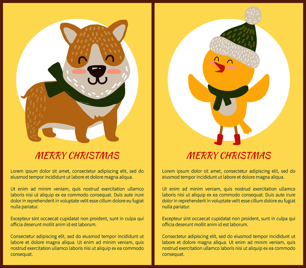 Merry Christmas congratulation set of posters with chicken and dog dressed in scarf and hat. Vector illustration with congratulations from cute animals. Merry Christmas Congratulation Set of Posters