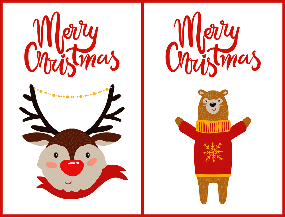 Merry Christmas set postcards deer dressed in red woolen scarf and bear in sweater with knitted snowflake vector illustration xmas symbols posters. Merry Christmas Color Set Postcards Deer and bear