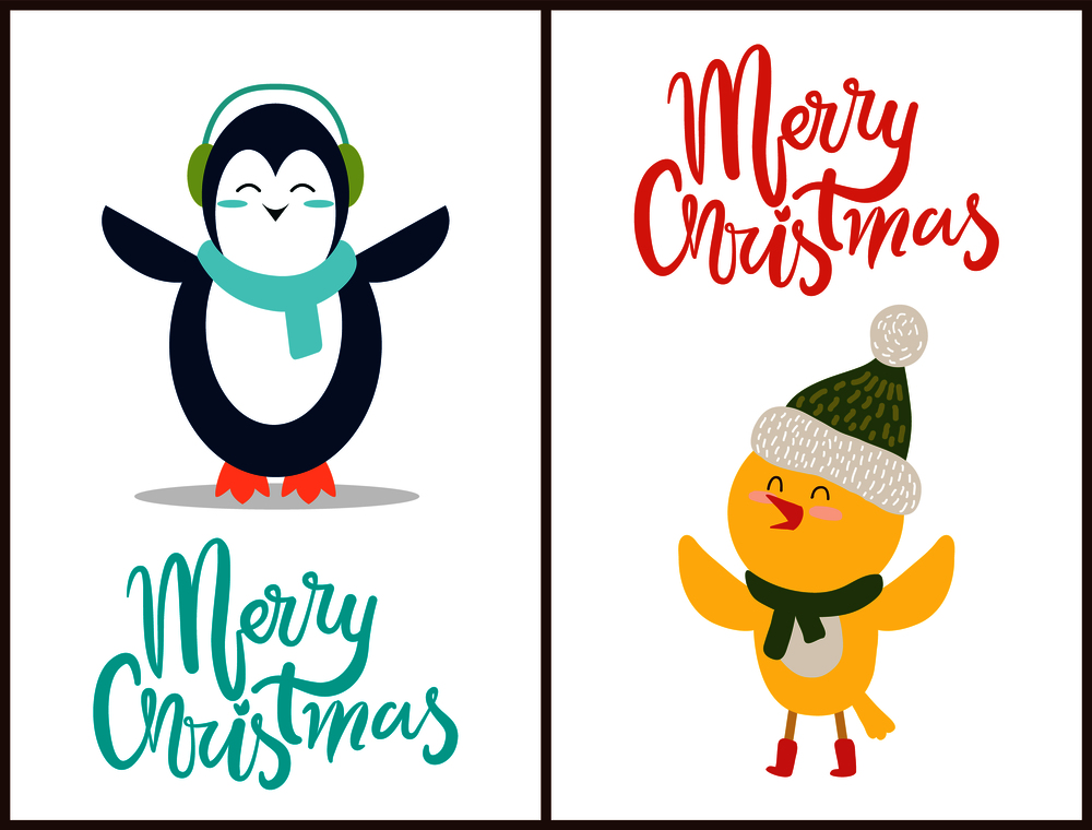 Merry Christmas congratulation from happy birds dressed in knitted scarfs, hats and warm headphones. Vector illustration with penguin and chicken. Merry Christmas Congratulation from Happy Birds