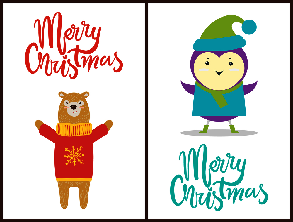 Merry Christmas congratulation with happy animals dressed in warm knitted clothes. Vector illustration with bear in red sweater and penguin in coat. Merry Christmas Congratulation with Happy Animals