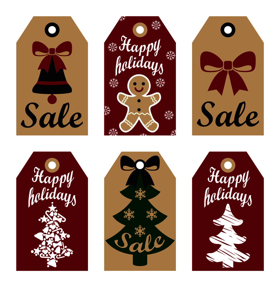 Happy holidays sale promo labels with gingerbread boy, red bells bow and abstract tree, symbols of Christmas and New Year vector tags advert discounts. Happy Holidays Sale Promo Labels Christmas Symbols