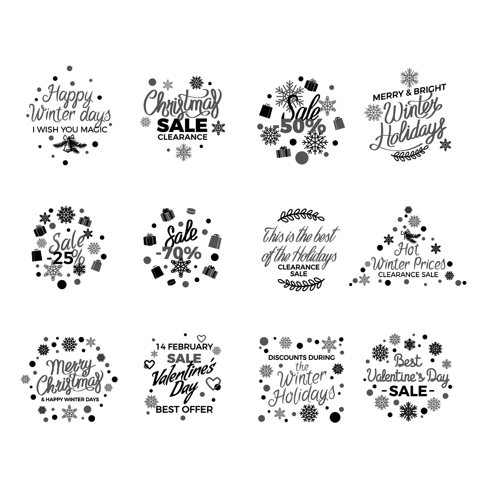 Winter holidays discount concepts big set with snowflakes, hearts, gifts  in monochrome color with elegant lettering on white. Christmas,  New Year and Valentines sales logos with gilded elements. Winter Holidays Discounts Vector Concepts Set