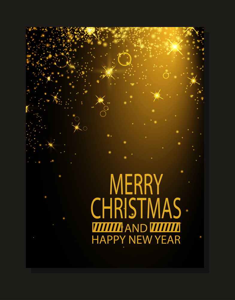 Merry Christmas and happy New Year, poster with greeting title and sparkling objects, shiny decorative elements, and gradient vector illustration. Merry Christmas, New Year Vector Illustration