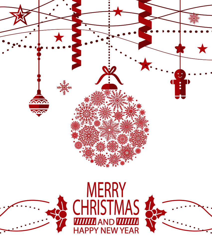 Merry Christmas and Happy New Year cover design, red snowflake ball created from ornamental patterns vector illustration isolated on white background. Merry Christmas Happy New Year Cover Design Poster