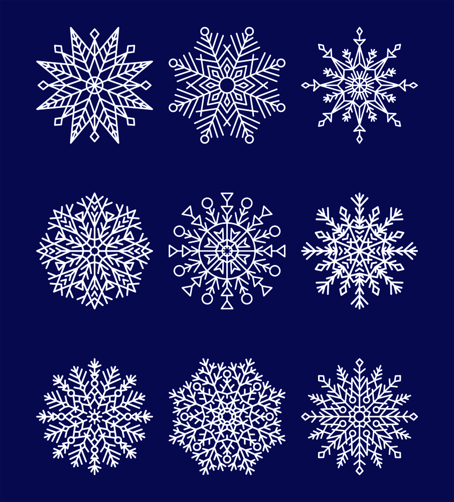 Snowflakes collection, consisting of geometric shapes and lines, simple objects and unique ice crystals vector illustration isolated on blue. Snowflakes Collection on Blue Vector Illustration