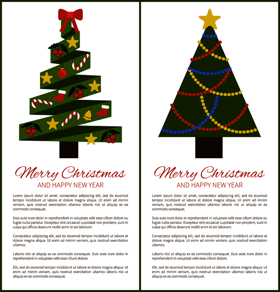 Merry Christmas and Happy New Year posters tree made of ribbons, decoration elements stars and candies, balls and mistletoe, sock isolated vector. Merry Christmas Happy New Year Posters with Tree