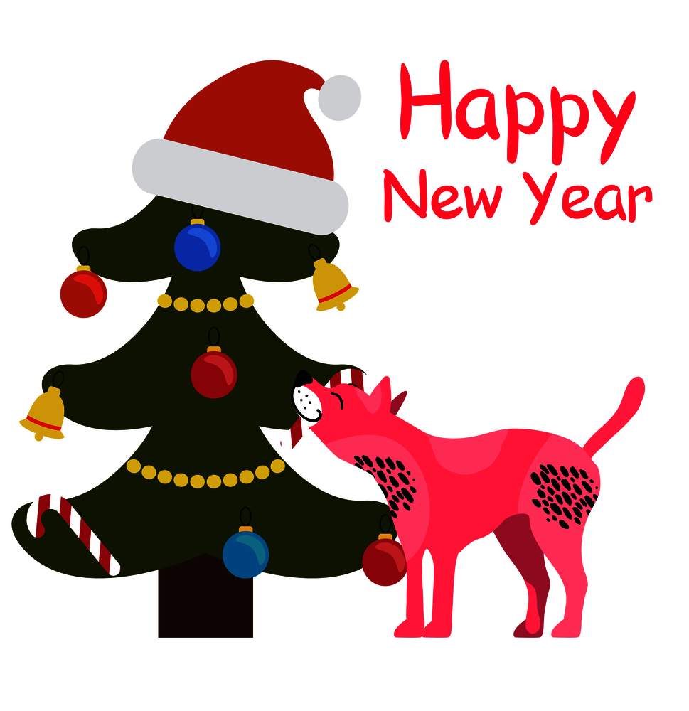 Happy New Year greeting card cartoon spotted dog and decorated Christmas tree topped by Santa&rsquo;s hat, puppy tastes spruce by tongue vector illustration. Happy New Year Greeting Card Cartoon Spotted Dog