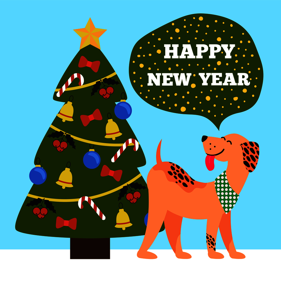 Happy New Year banner with beige dog showing tongue standing near decorated Christmas tree with red bows, golden garlands and bells topped by star vector. Happy New Year Banner of Beige Dog Showing Tongue
