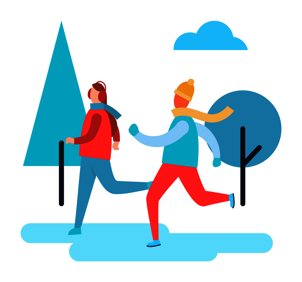 People skiing in winter park, trees and cloud and ice-skating men, activities and spending of time with joy and happiness vector illustration. People Skiing in Winter Park Vector Illustration