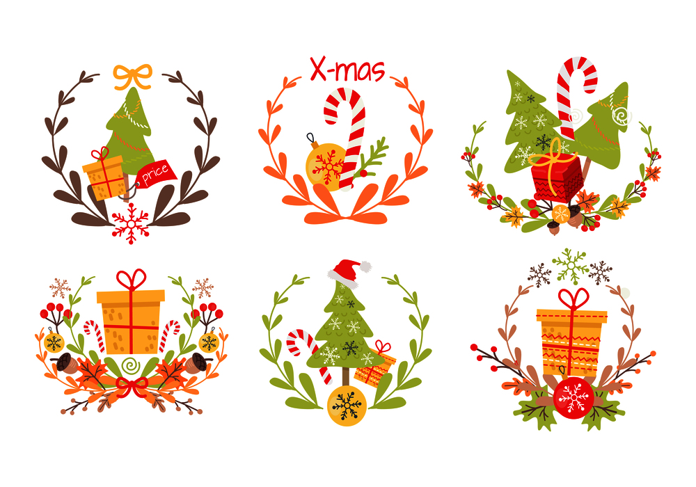 Set of nice christmas badges on white background. Vector illustration of holiday decor elements autumn leaves, red guelder roses and small acorn. Wreath surround main icon presents, fir tree and canes. Set of Nice Christmas Badges on White Background