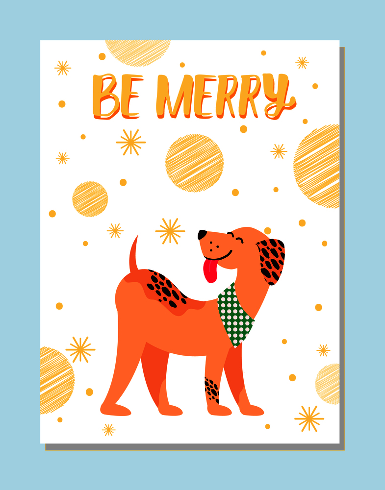 Be Merry festive postcard with weimaraner in neckerchief and golden snowflakes. Winter holidays poster with symbol of 2018 year vector illustration.. Be Merry Festive Postcard with Dog and Snowflakes