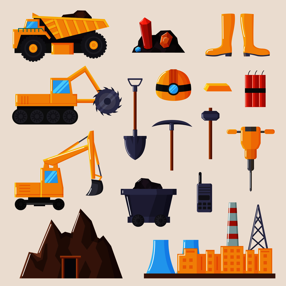 Mining industry and tools collection on poster, trucks and tractors, shovel and excavator, helmet and equipment isolated on vector illustration. Mining Industry and Tools on Vector Illustration