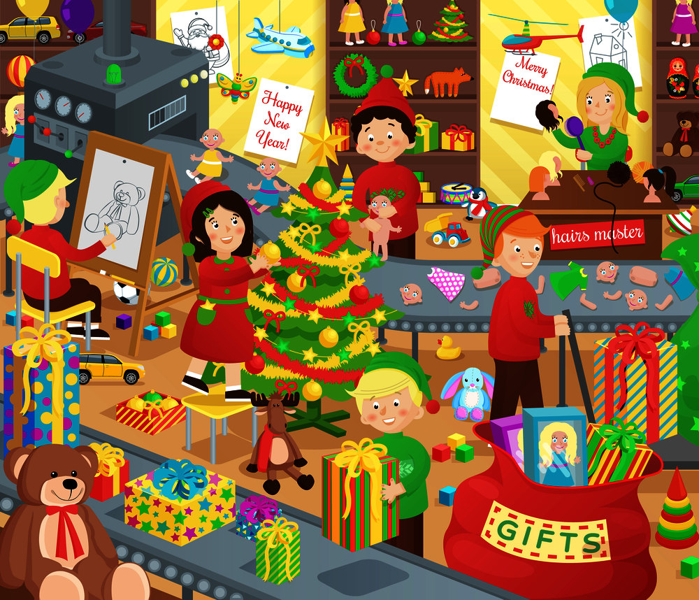 Santa Claus presents factory with little helpers that works in room stuffed with children toys for Christmas night cartoon vector illustration.. Santa Claus Presents Factory with Little Helpers