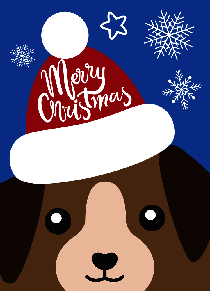 Merry Christmas cover with dog in Santa Claus hat vector illustration isolated. Puppy head in cute winter cap, happy canine animal in cartoon design. Merry Christmas Cover with Dog in Santa Claus Hat