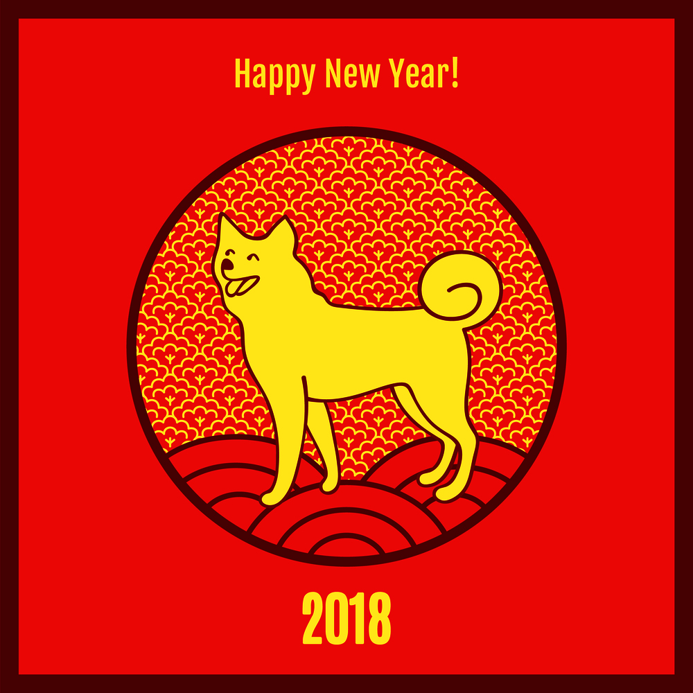 Happy New Year 2018, poster depicting smiling dog walking on circles, icons in round frame, celebration of winter holiday on vector illustration. Happy New Year 2018 Poster on Vector Illustration