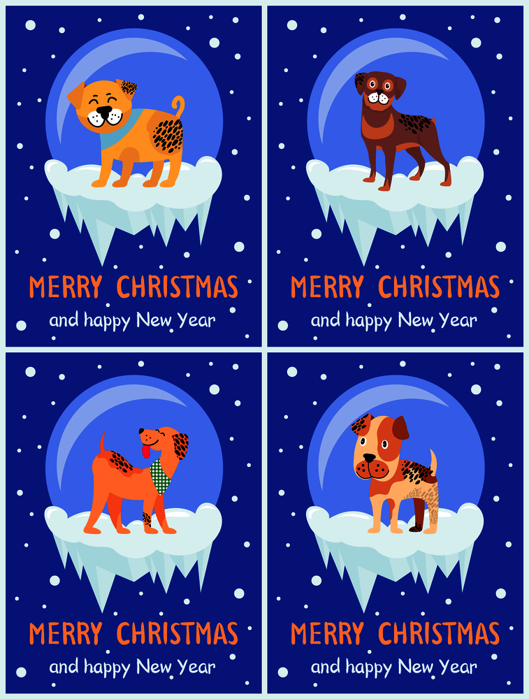 Merry Christmas and happy New Year Chinese symbol set of posters with dogs on snow. Vector illustration with happy cute pets on dark blue background. Merry Christmas and Happy New Year Chinese Symbol