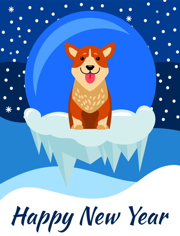 Happy New Year postcard with cute beige dog showing tongue sitting on piece of ice, snowy landscape with snowflakes on background, vector greeting card. Happy New Year Postcard with Cute Beige Dog Vector
