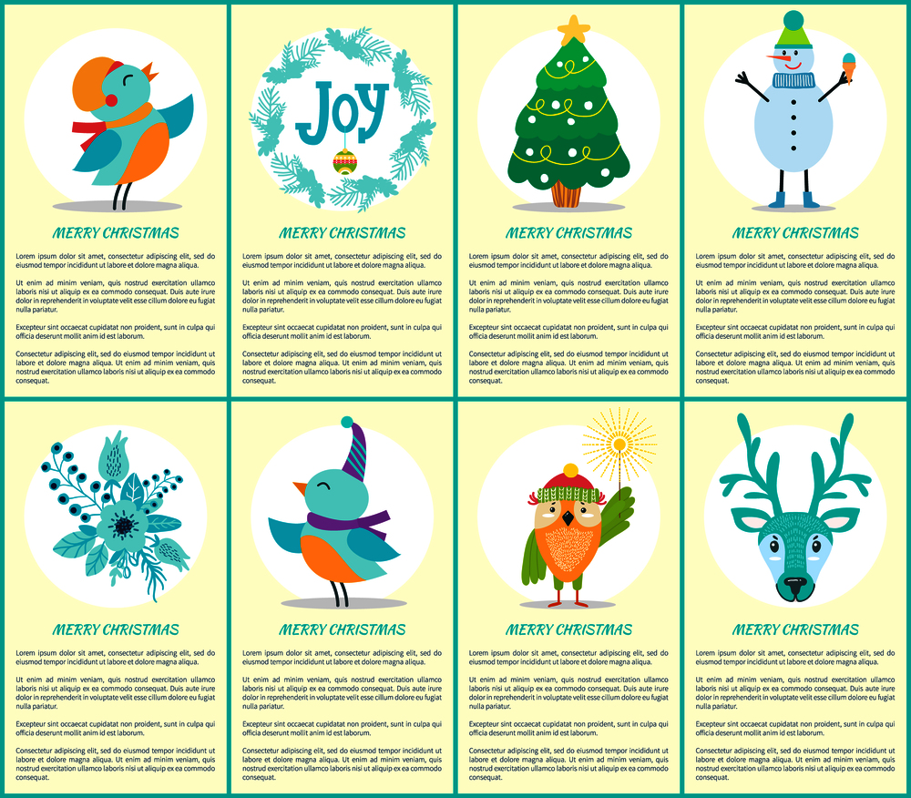 Merry Christmas placards, consisting of given informational text sample and headlines, birds, pine tree, snowman and labels on vector illustration. Merry Christmas Placards Text Vector Illustration
