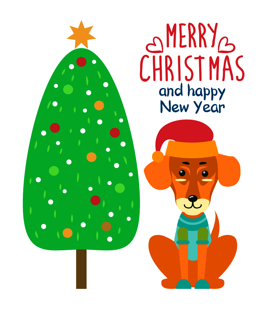Merry Christmas and happy New Year festive banner with congratulation from friendly dog in red hat. Vector illustration with decorated tree and pet. Merry Christmas and Happy New Year Festive Banner
